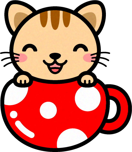 猫と水玉模様の丸いコップのイラスト 笑顔 かわいい猫 動物 素材のプチッチ