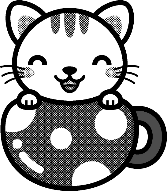 猫と水玉模様の丸いコップのイラスト/笑顔/モノクロ