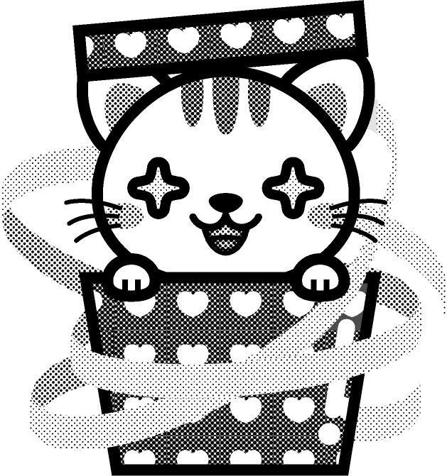 猫とプレゼント箱のイラスト/目がキラリ/モノクロ