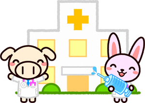 病院とブタとウサギのイラスト