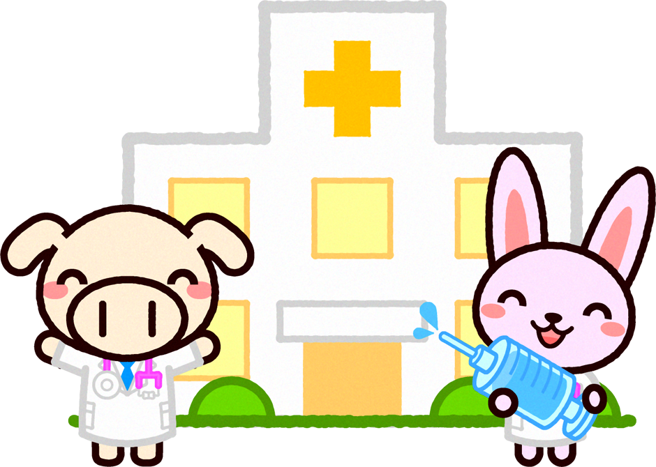 病院とブタとウサギのイラスト 動物と病院 動物2 素材のプチッチ