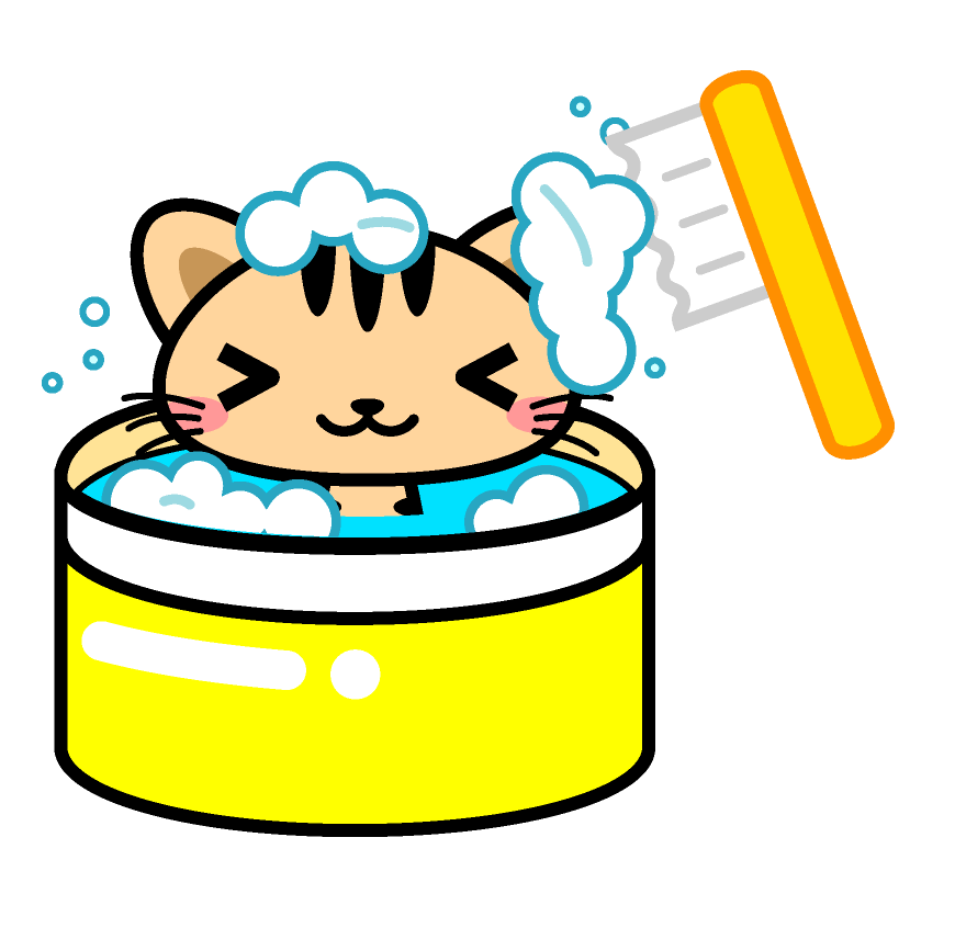 シャンプーとブラシで綺麗に洗われている猫イラスト 猫 動物 素材のプチッチ