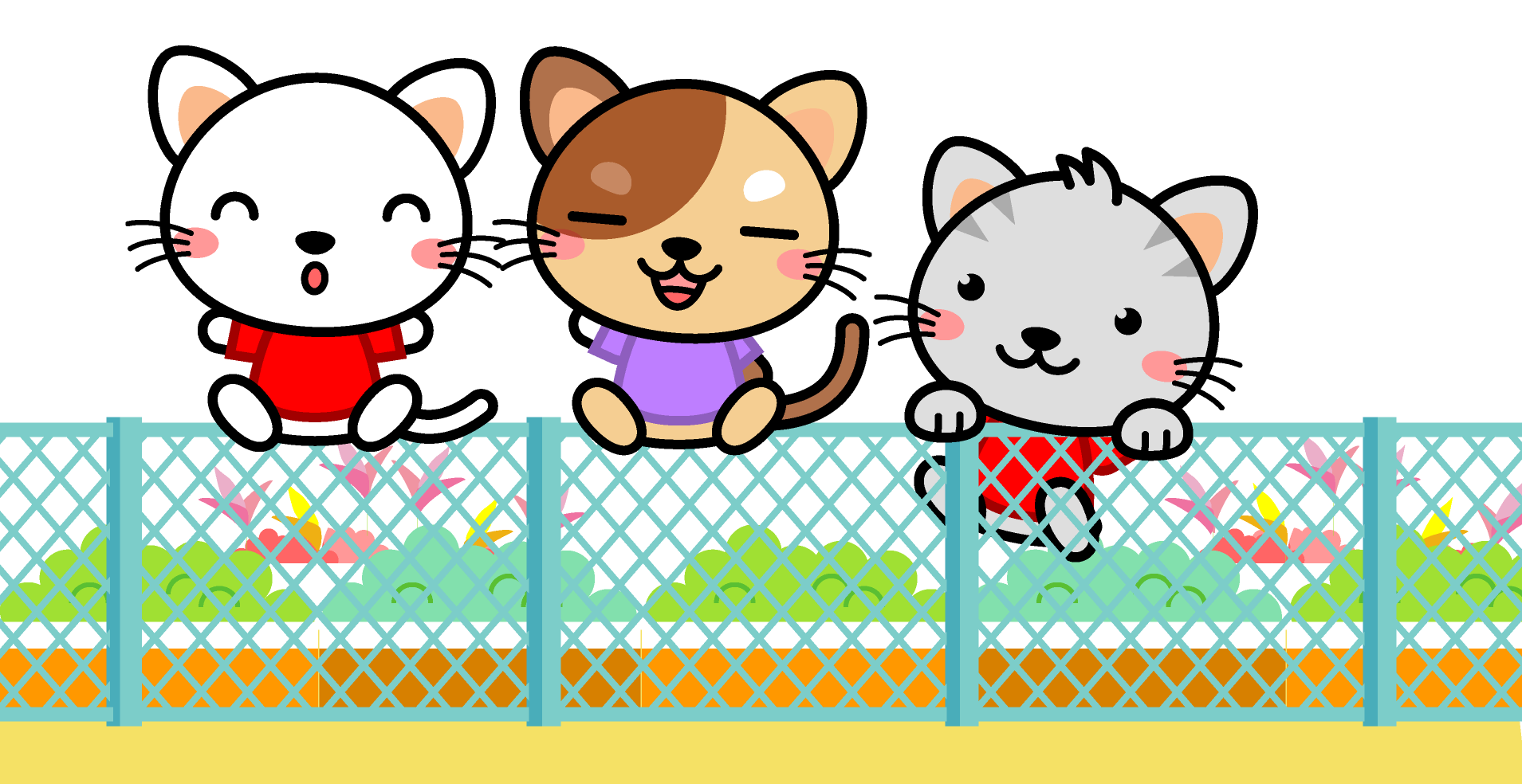 フェンスに登っておしゃべりする猫イラスト 猫 動物 素材のプチッチ