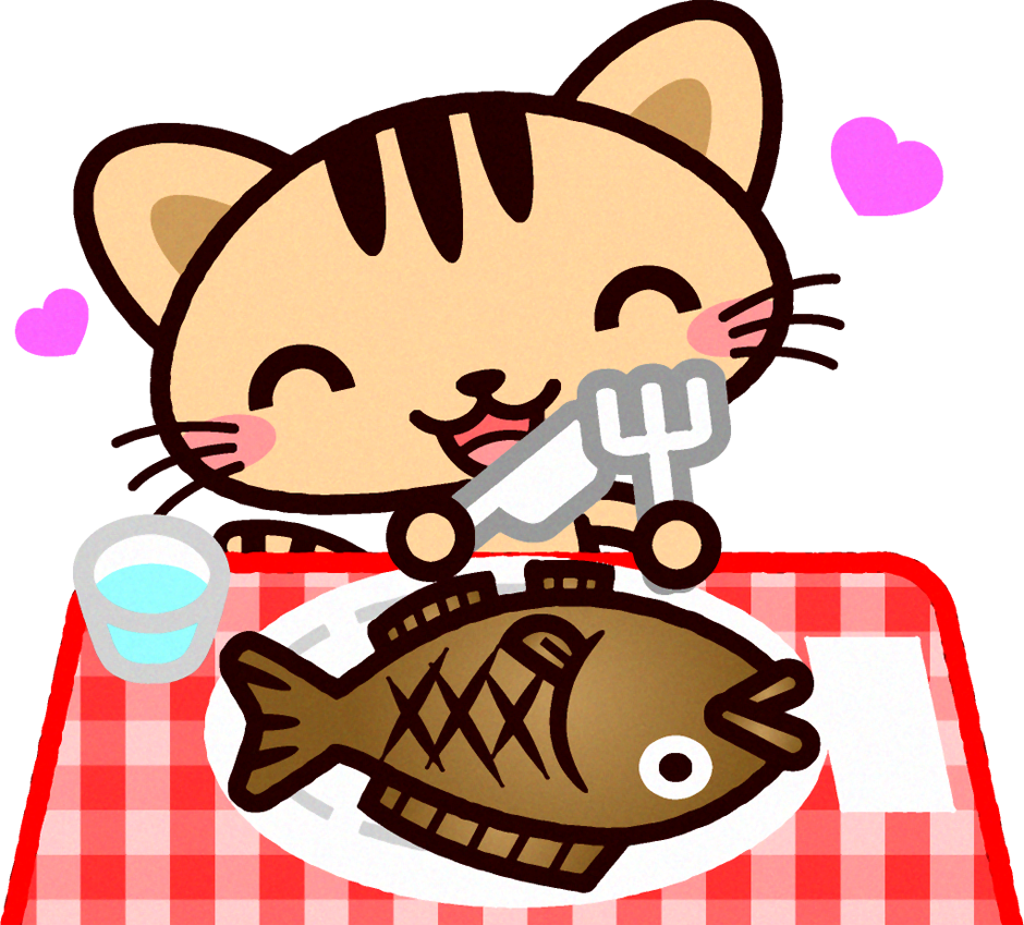 猫イラスト/焼き魚を食べる