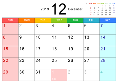 2019年のカレンダー/12月_シンプル