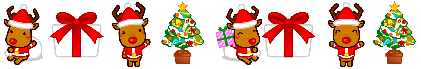 赤鼻のトナカイとプレゼントとクリスマスツリーのライン・罫線イラスト