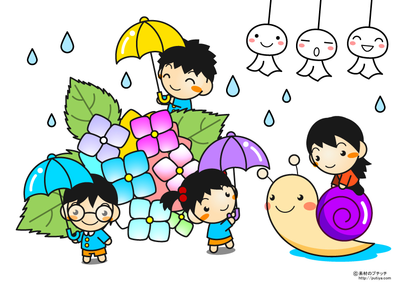 紫陽花と傘をさした子供達の塗り絵の色見本
