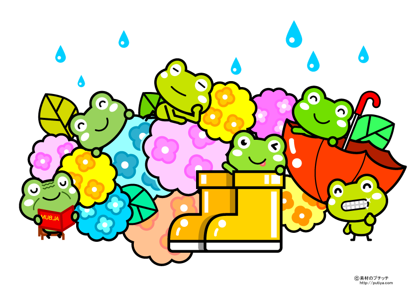 梅雨とカエルの家族の塗り絵の色見本