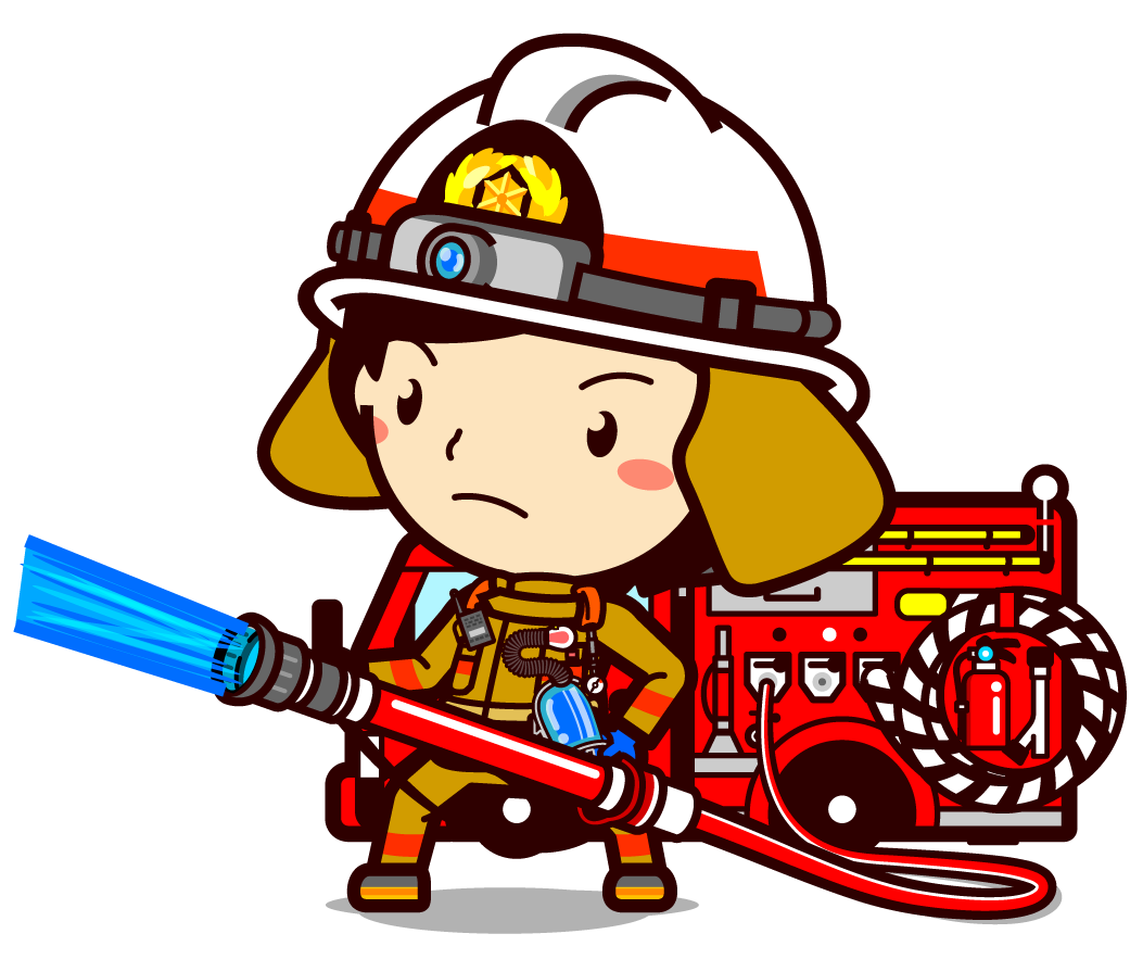 消火活動中の消防士と消防車イラスト（女性）｜かわいいフリー素材、無料イラスト｜素材のプチッチ