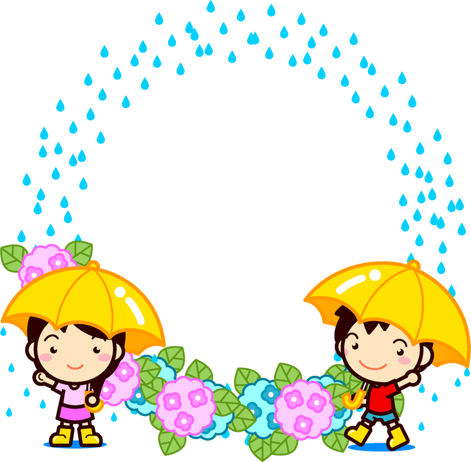 梅雨と子供たちの飾り罫イラスト