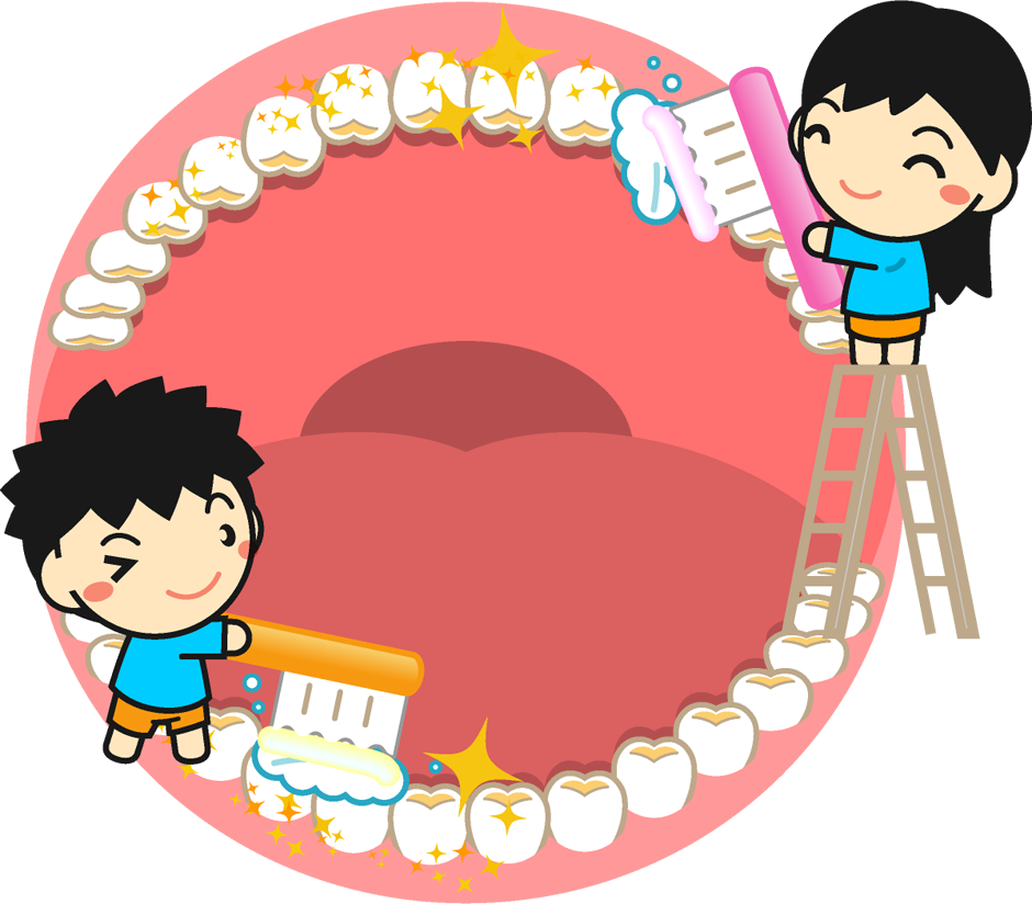 むし歯予防、歯を磨く幼稚園児の飾り罫イラスト