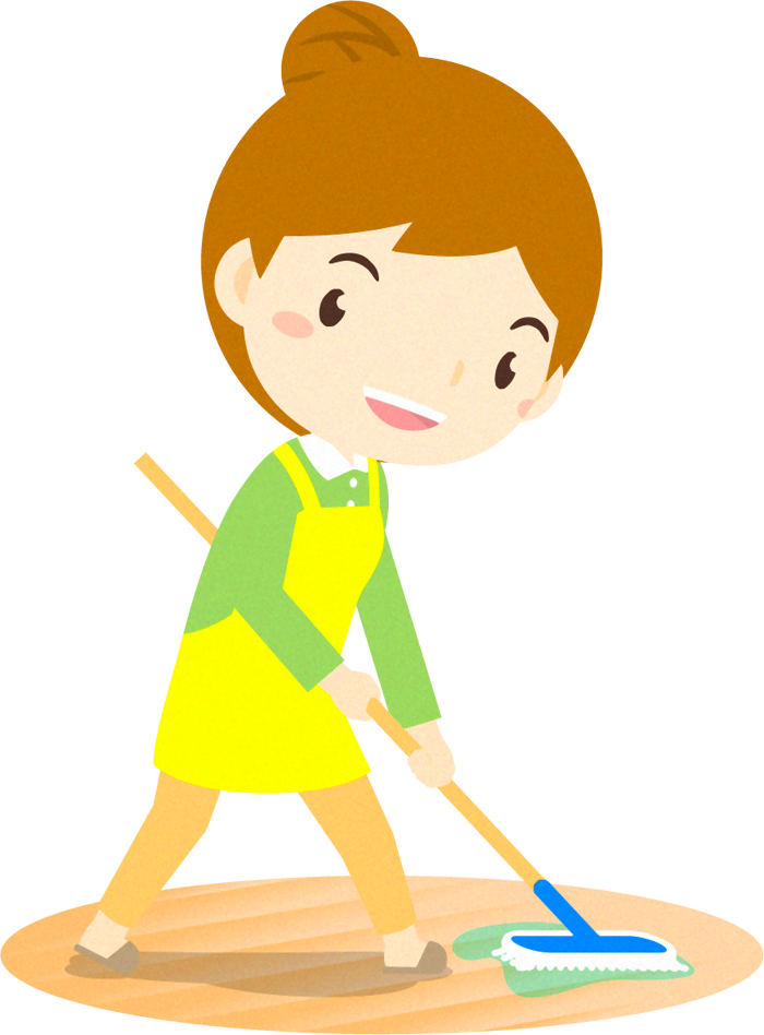 モップで床を拭く女性イラスト｜大掃除｜12月｜季節｜素材のプチッチ