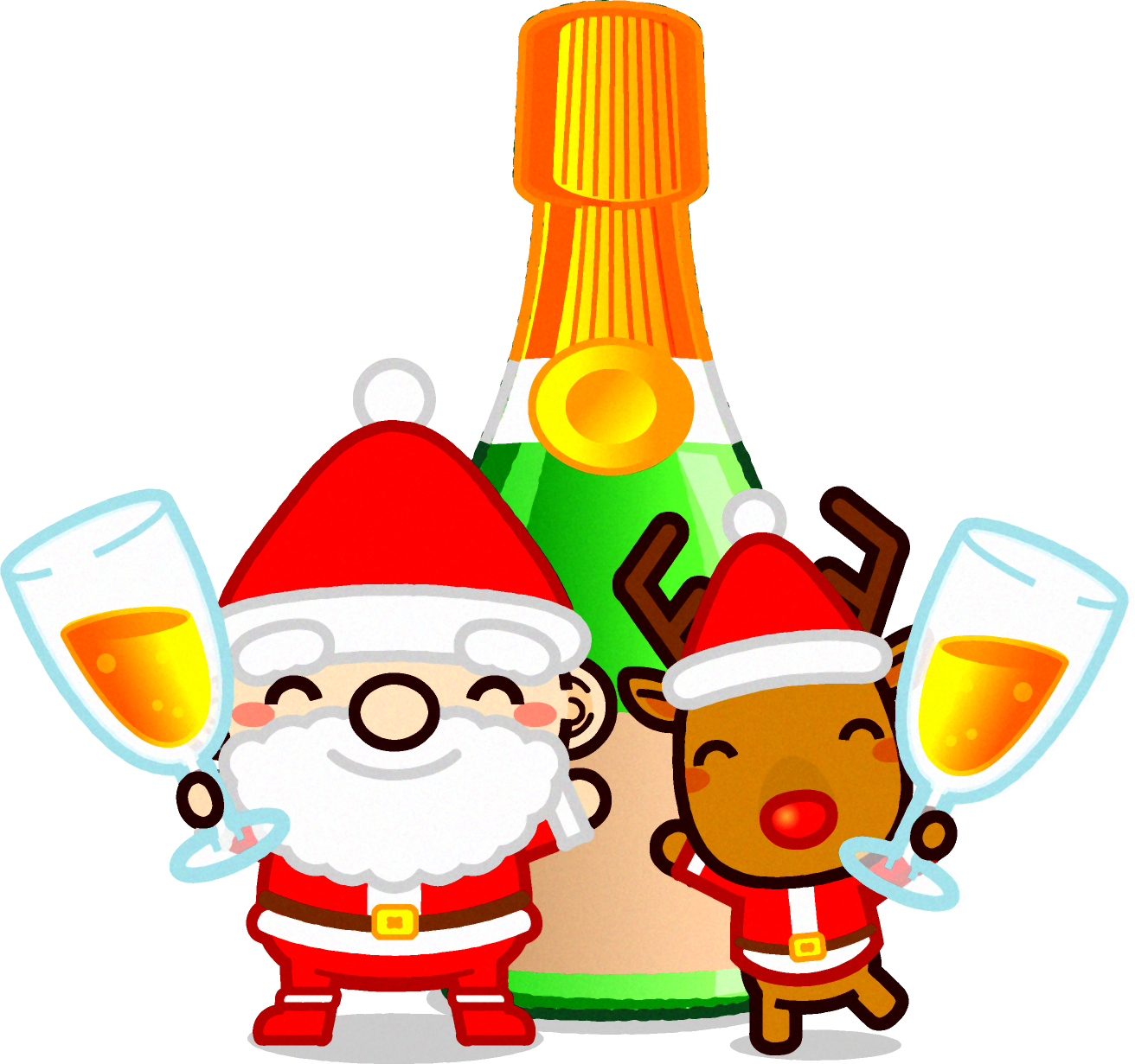 サンタクロースと赤鼻のトナカイとシャンパンのイラスト サンタさんとトナカイ 12月 季節 素材のプチッチ