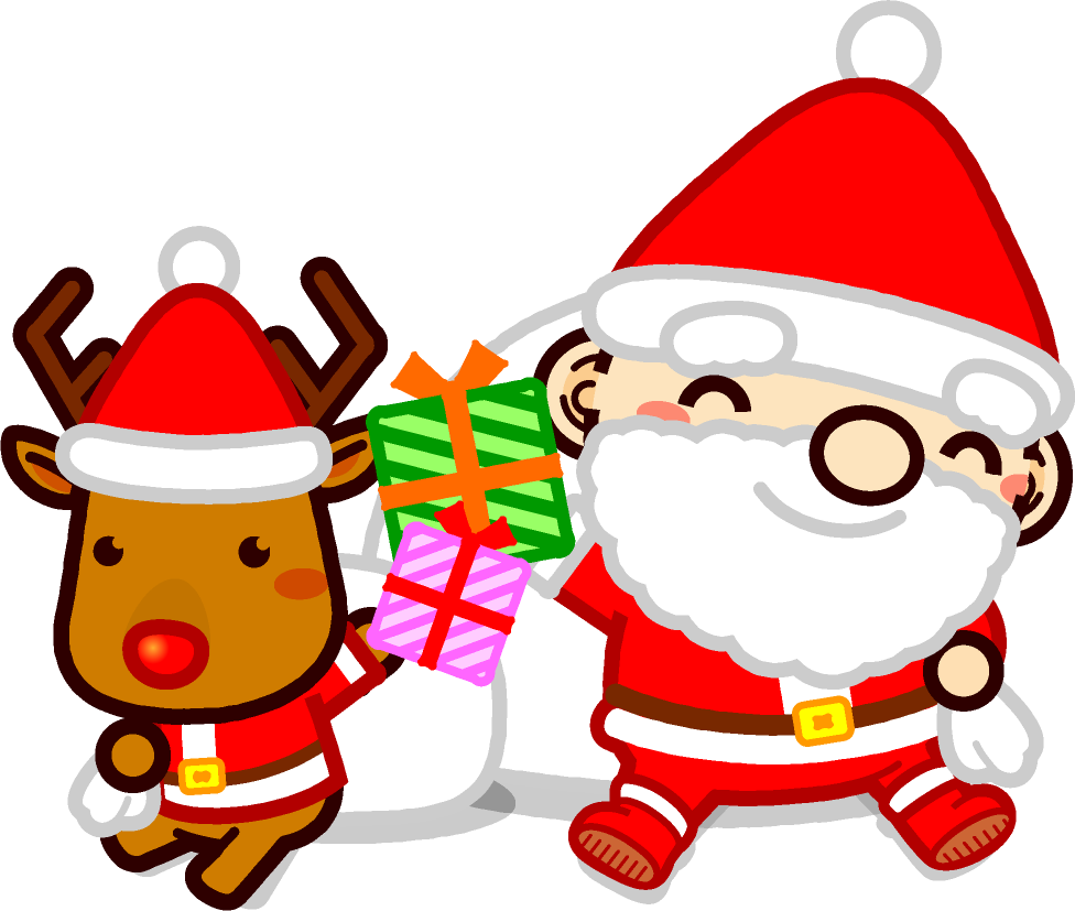 座ってプレゼントを掲げるサンタさんとトナカイのイラスト サンタさんとトナカイ 12月 季節 素材のプチッチ