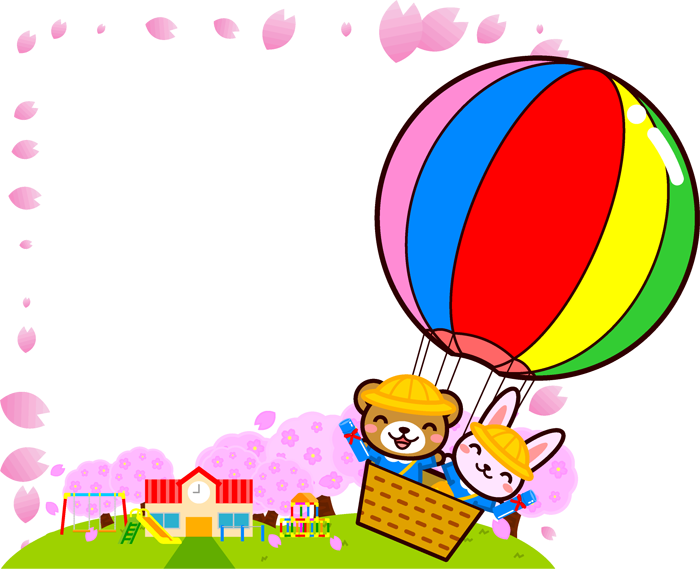 卒園フレームのイラスト/気球に乗ったクマとウサギの旅立ち