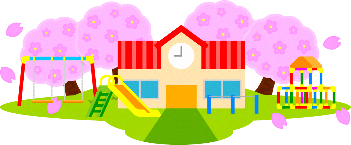 幼稚園の建物と桜のイラスト 動物と入園式 4月 季節 素材のプチッチ