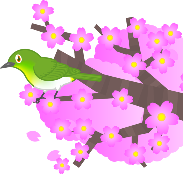 桜の枝にとまったメジロのイラスト