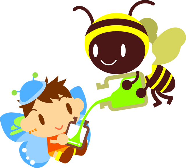 ミツバチから黄緑色の液体をもらうチョウチョ姿の男の子イラスト