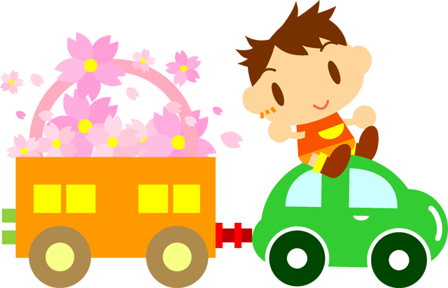 玩具の車に桜の花をたくさん積んで走る子供イラスト/男の子2