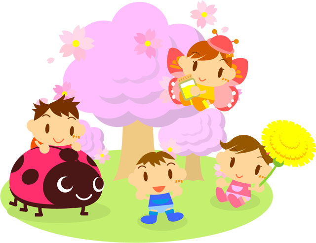 桜の下に集まった子供たちイラスト