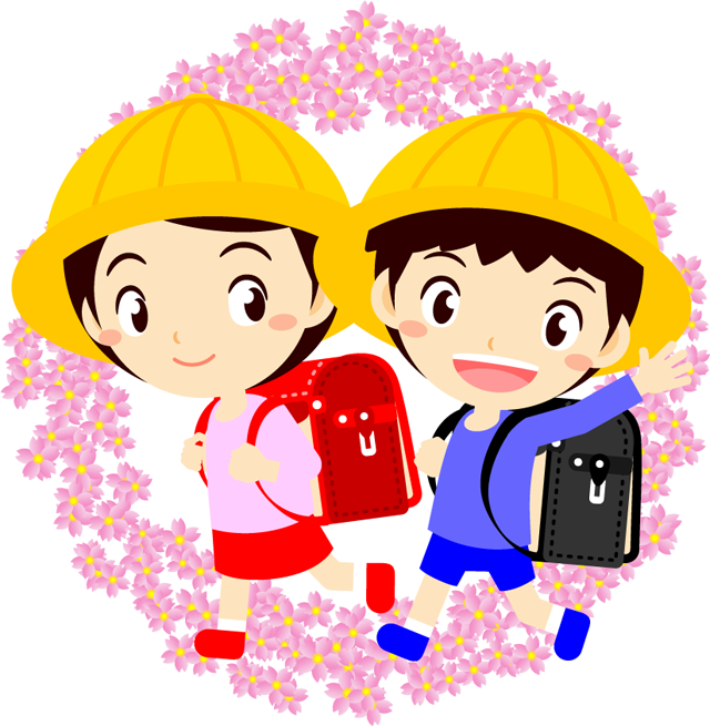 通学する小学生と桜の花イラスト 入学 4月 季節 素材のプチッチ