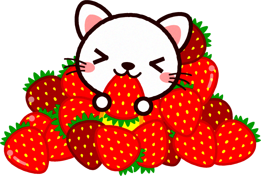 苺狩りでたくさんの苺をとった白猫のイラスト