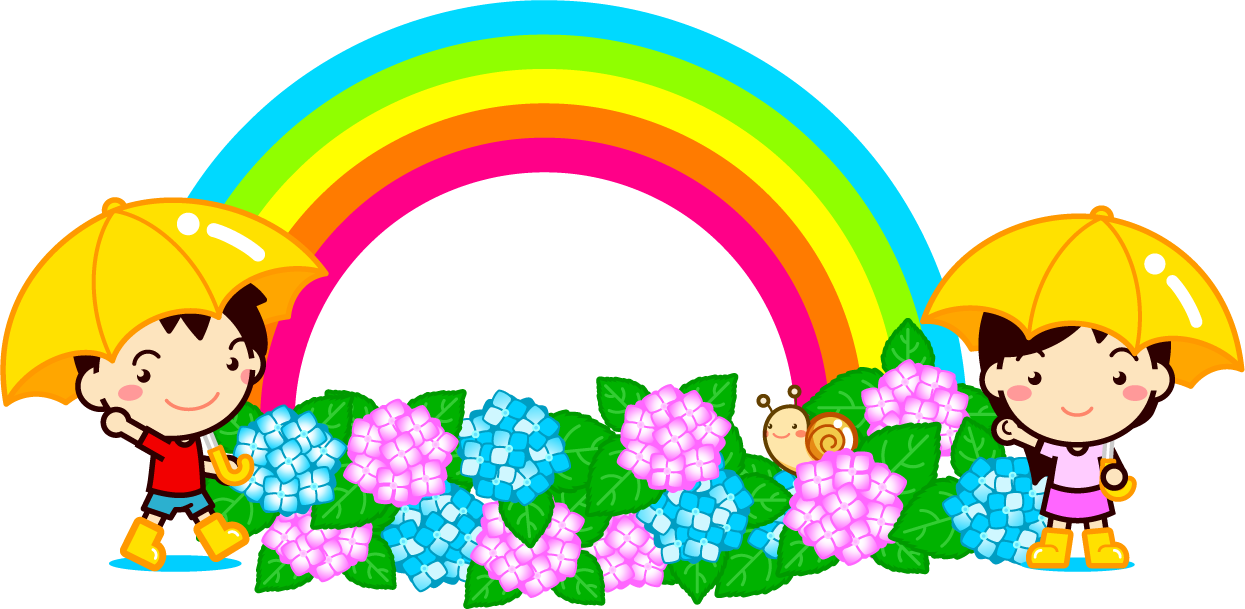 6月の文字イラスト 傘をさした子供達と虹 紫陽花 かわいいフリー素材 6月 季節 素材のプチッチ