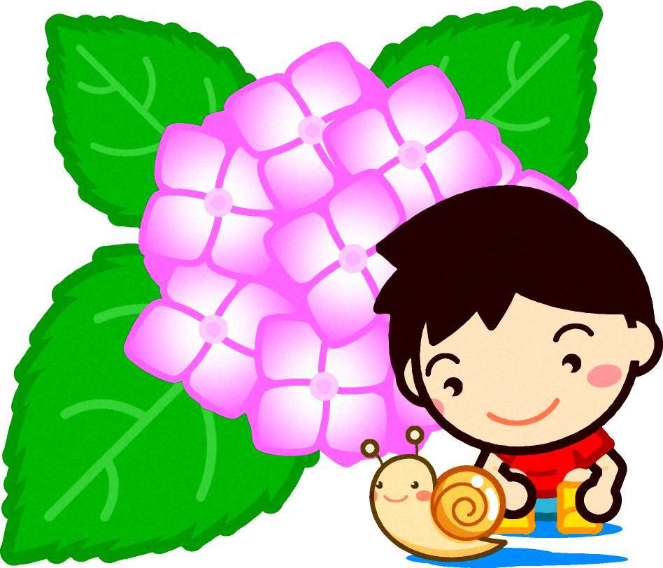 紫陽花とカタツムリと男の子イラスト 梅雨 6月 季節 素材のプチッチ