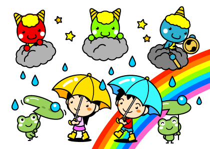 雨を降らす鬼と雨上がりの虹イラスト