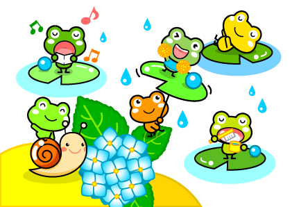 雨の日に池で遊ぶカエルイラスト