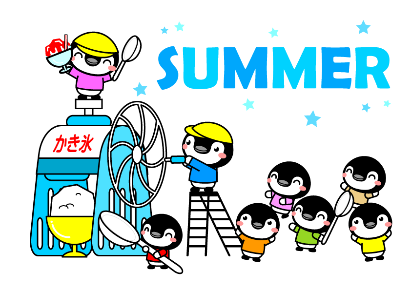 夏とペンギンのかき氷屋さんイラスト 7月と夏をイメージ 7月 季節 素材のプチッチ
