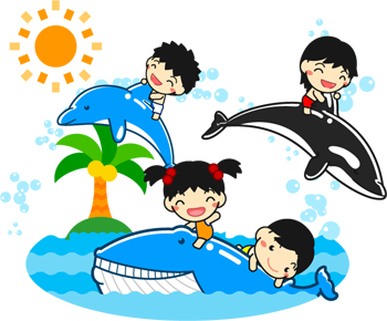 夏にイルカ、シャチ、クジラの背中に乗って遊ぶ子供イラスト