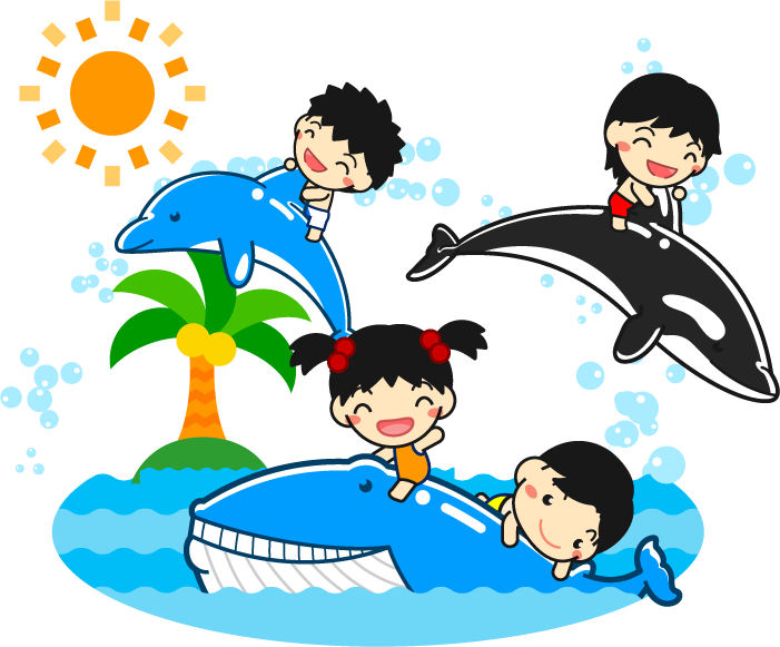 夏にイルカ、シャチ、クジラの背中に乗って遊ぶ子供イラスト