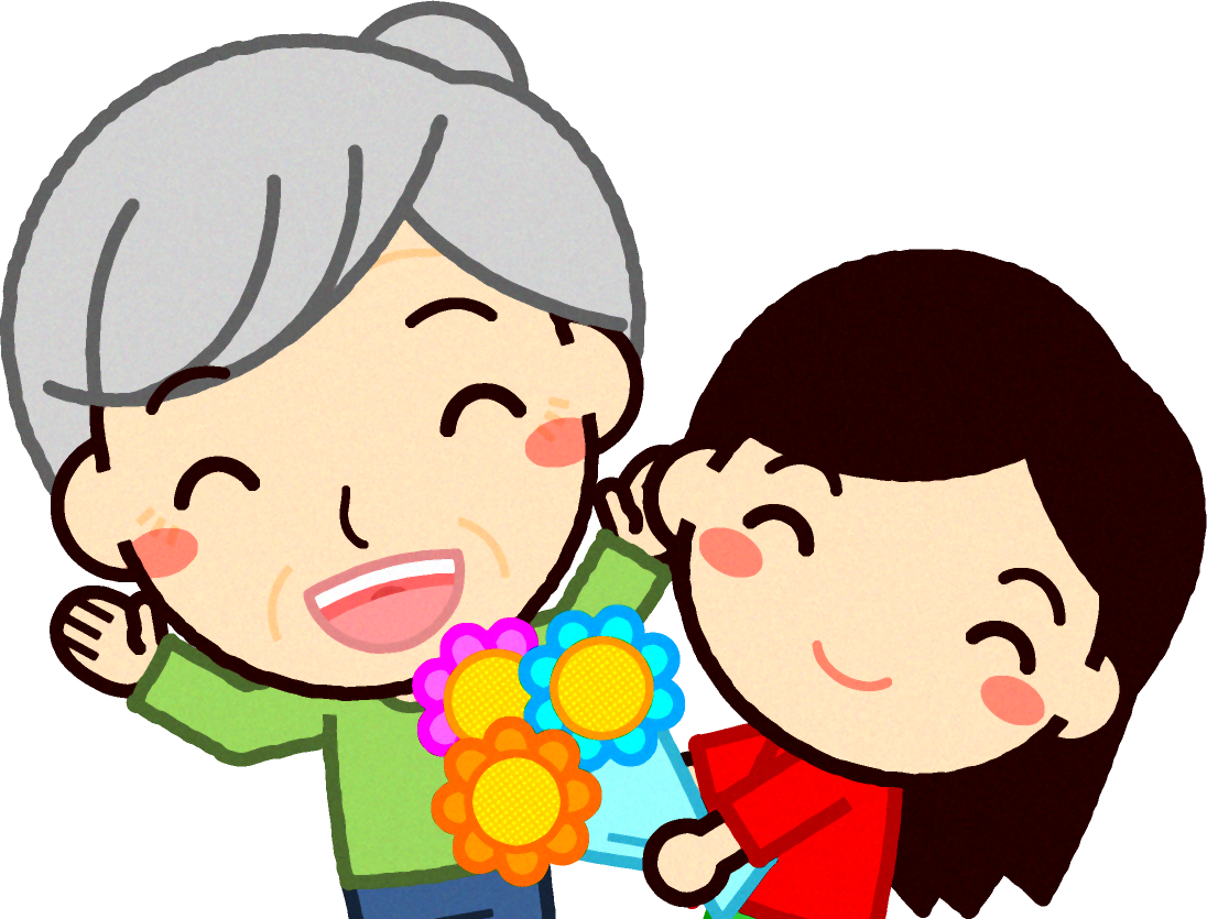 お婆ちゃんに花束をプレゼントする女の子イラスト