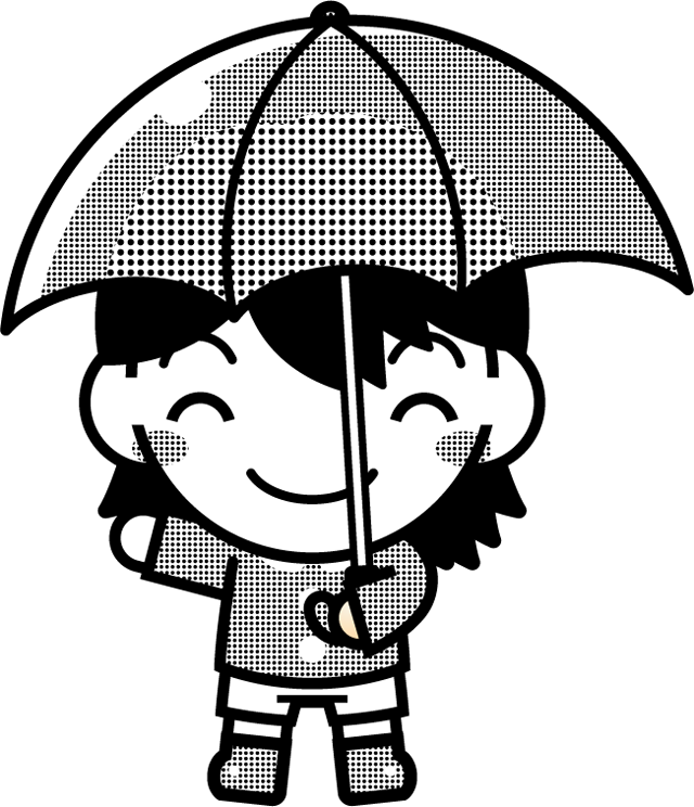 傘を差した子供のイラスト/朱色/モノクロ