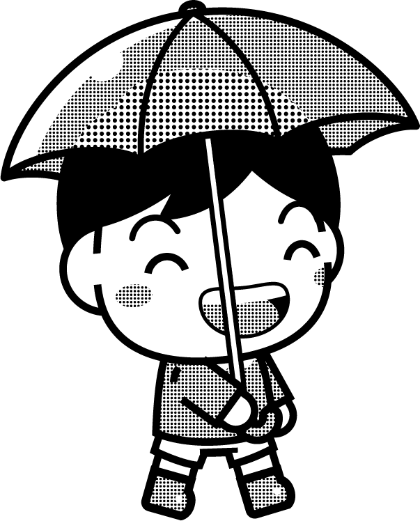 傘を差した子供のイラスト/赤色/モノクロ
