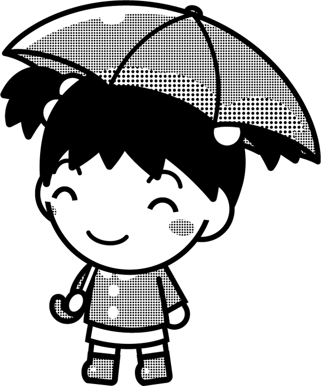 傘を差した子供のイラスト/水色/モノクロ