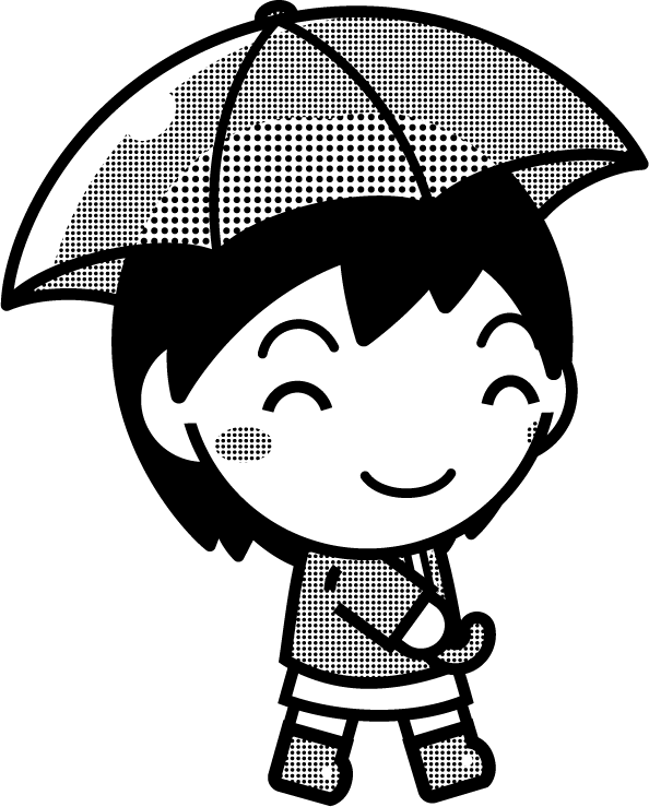 傘を差した子供のイラスト/黄緑色/モノクロ