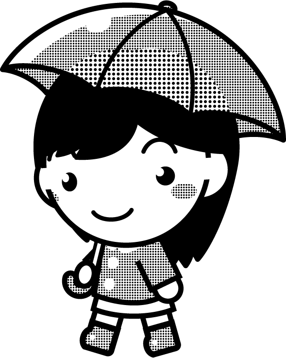 傘を差した子供のイラスト/ピンク色2/モノクロ