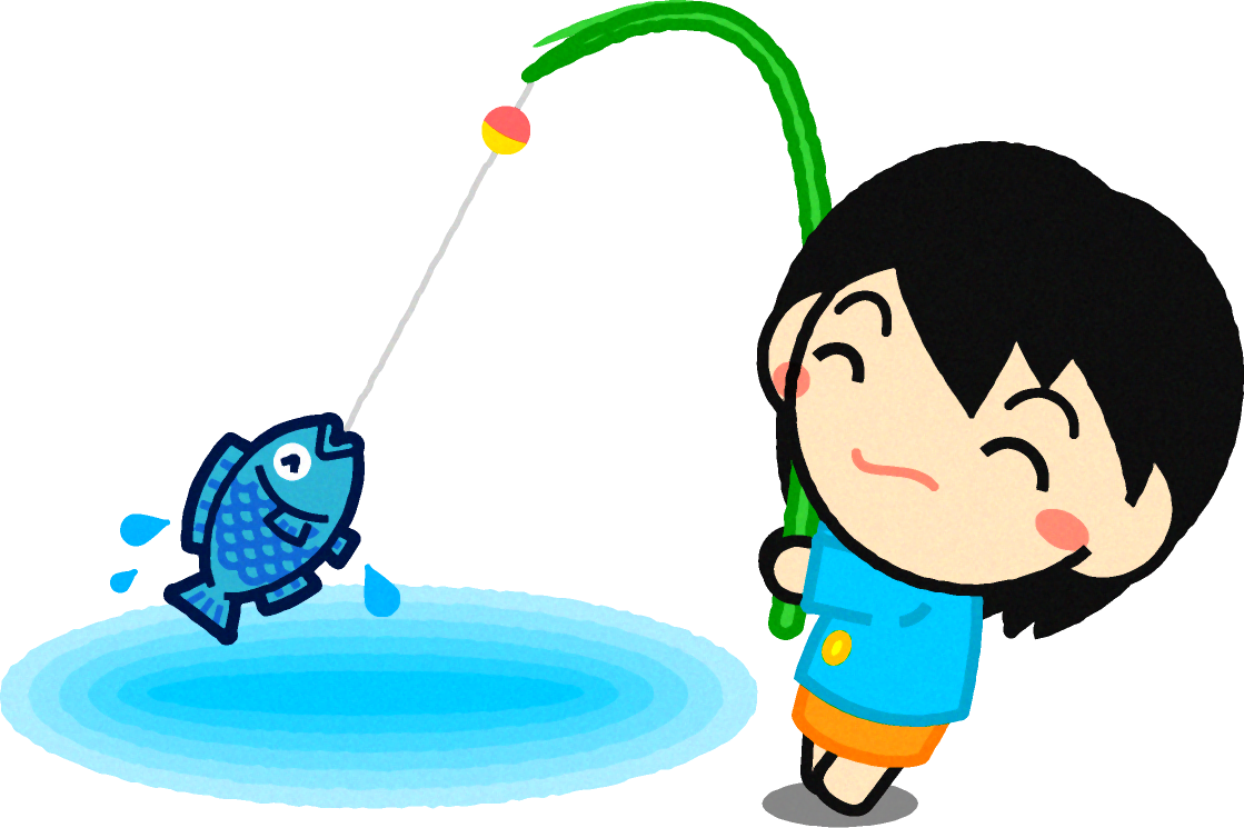 魚を釣り上げた女の子イラスト/青い魚
