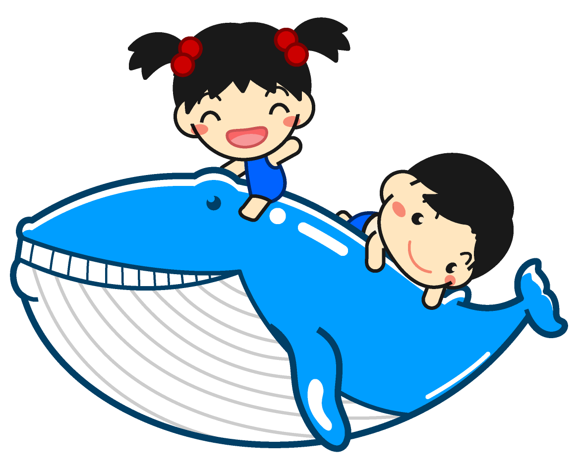 シロナガスクジラに乗る子供たちのイラスト