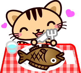 猫イラスト/焼き魚を食べる
