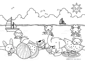 海でスイカ割りをする動物達の塗り絵
