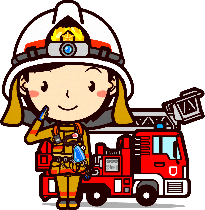 女性の消防士イラスト/はしご車と敬礼