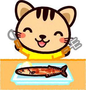 焼けた秋刀魚を食べようとするネコのイラスト