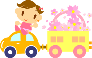 玩具の車に桜の花をたくさん積んで走る女の子イラスト